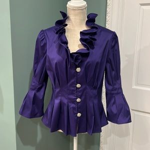 Joseph Ribkoff purple pleated top, ruffled neck w/ rhinestone buttons. Size 14
